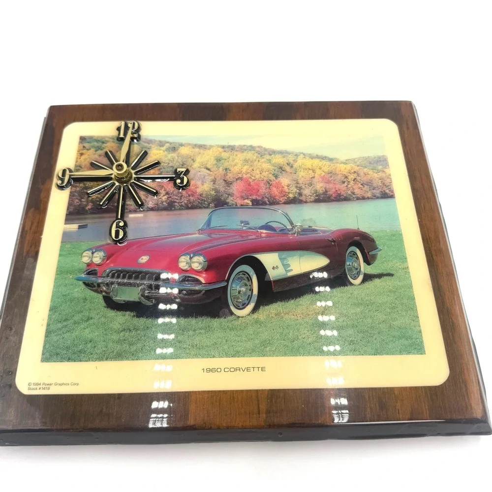 Vintage 1984 1960 Corvette Wall Clock Handmade Wood Plaque Working Car Decor